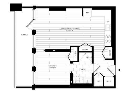 Floor plan for 1 bed, 1 bath, 645 sqft